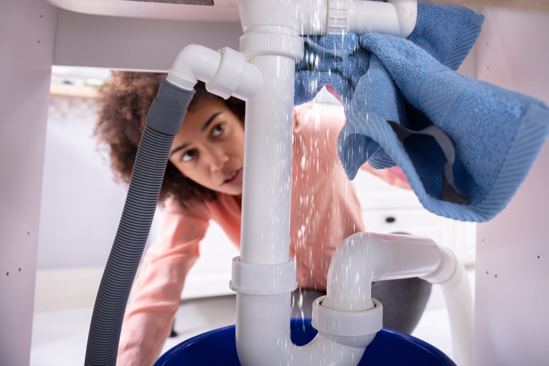 Woman Using Napkin Under Leakage Sink Pipe Woman Using Napkin Under Leakage Sink Pipe